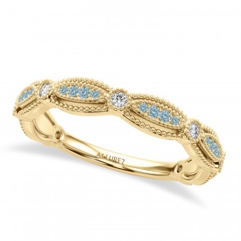 Antique Style Lab Aquamarine & Lab Grown Diamond Wedding Ring Band 14K Yellow Gold (0.20ct)
